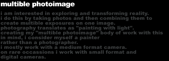 multiple photoimage
a free translation of photography is: to 'paint with light' which
influences me strongly in the course of my 'multiple
photoimage' work.
different real situations, painted by light, are being combined 
to a  composition by using multiple exposure, specific focus or
aperture. such a composition provides the viewer with a new 
reality.