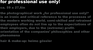 for professional use only!
ca. 59 x 27,6in
the photographical work 'for professional use only!' 
is an ironic and critical reference to the processes of 
the modern working world. semi-skilled and retrained 
employees often do not live up to the expectations of 
their employers, due to the (extreme) profit-
orientation of the companies� philosophies and other 
phenomena
hair & make-up: heimo g�ssler